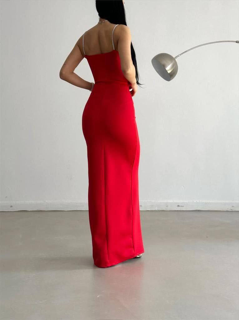 Robe moulante à bretelles strasse - rouge