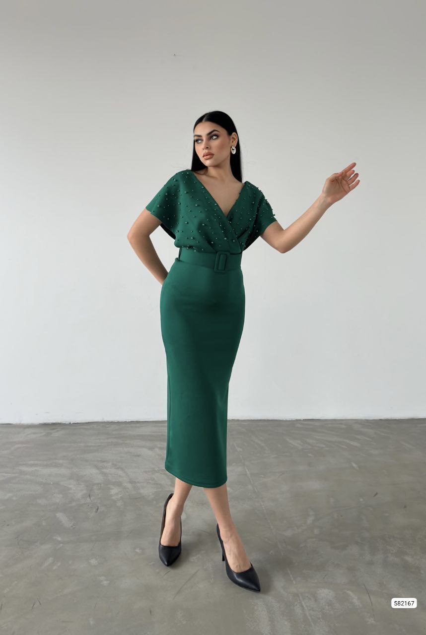 Robe croisée perlée - vert