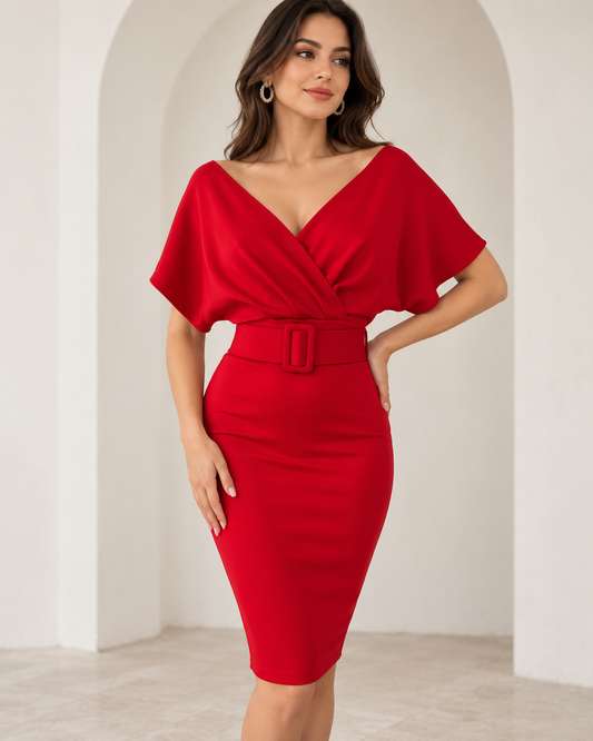 Robe croisée à ceinture - rouge