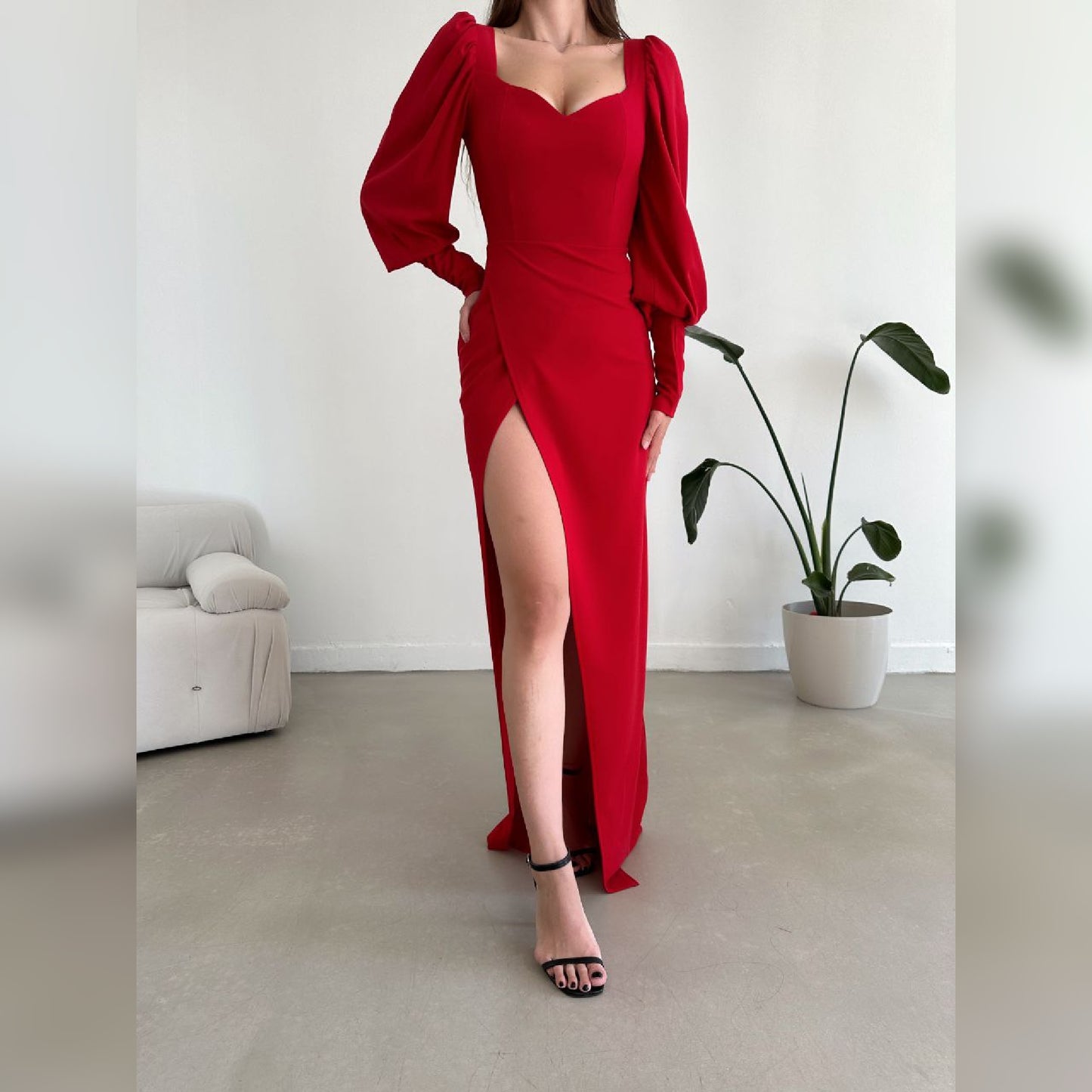 Robe longue manches bouffantes - rouge