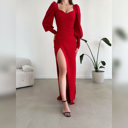 Robe longue manches bouffantes - rouge