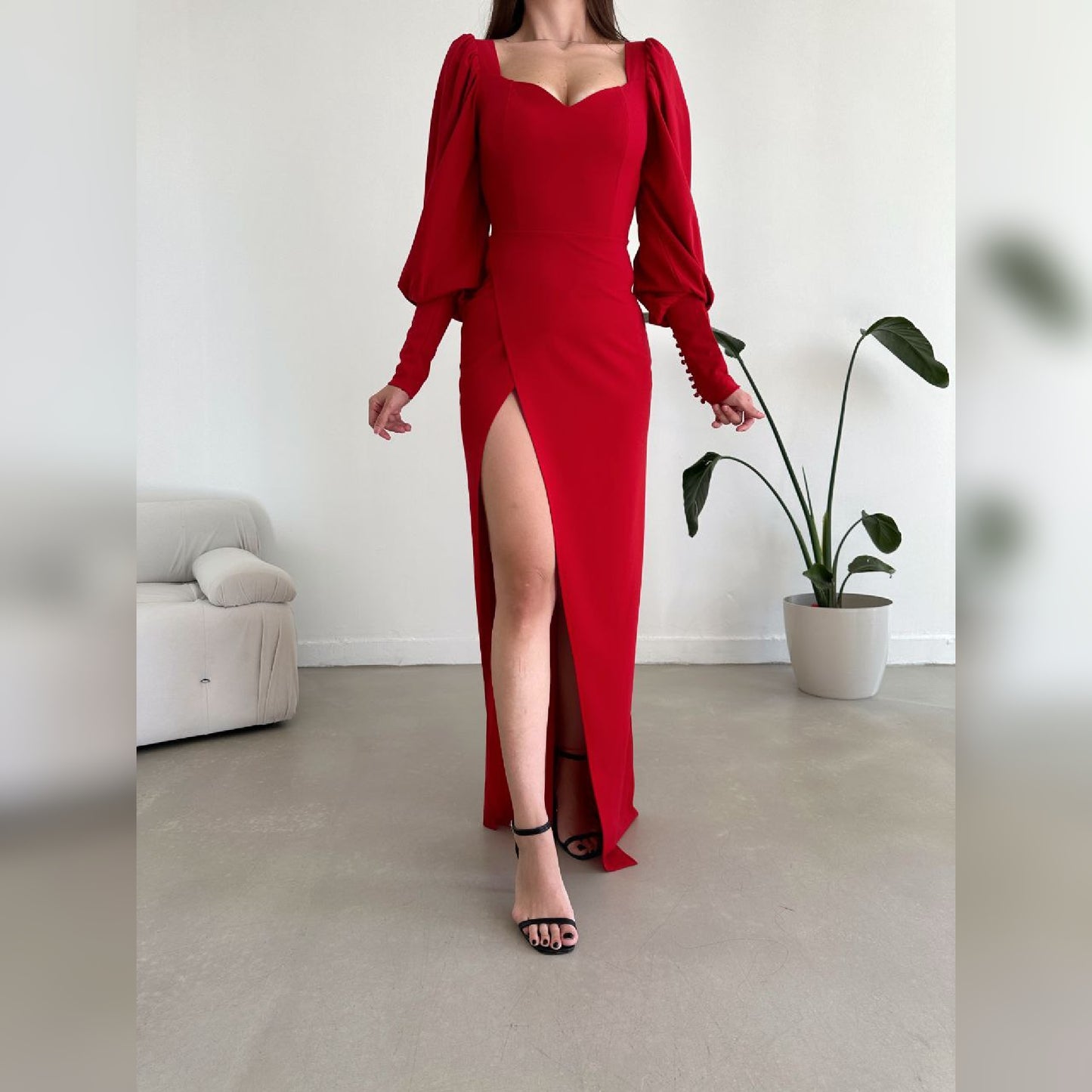 Robe longue manches bouffantes - rouge