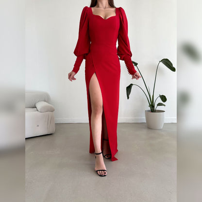 Robe longue manches bouffantes - rouge