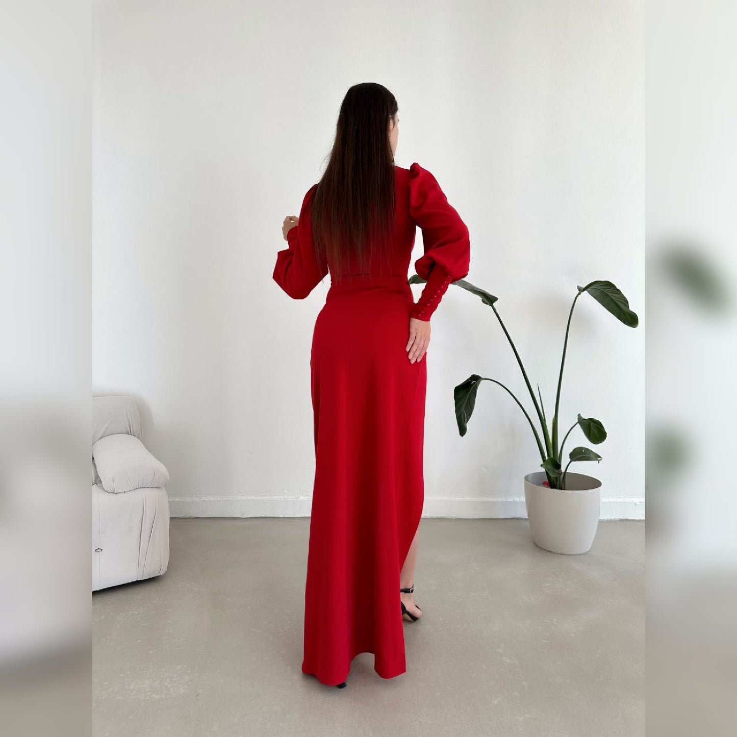 Robe longue manches bouffantes - rouge