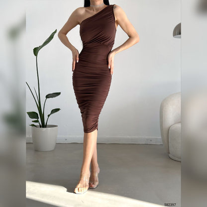 Robe moulante one shoulder - marron