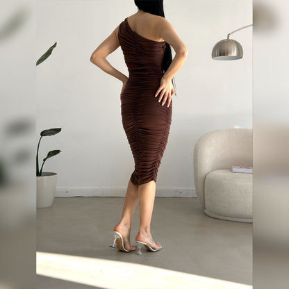 Robe moulante one shoulder - marron