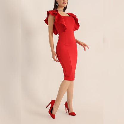 Robe manches volantes - rouge