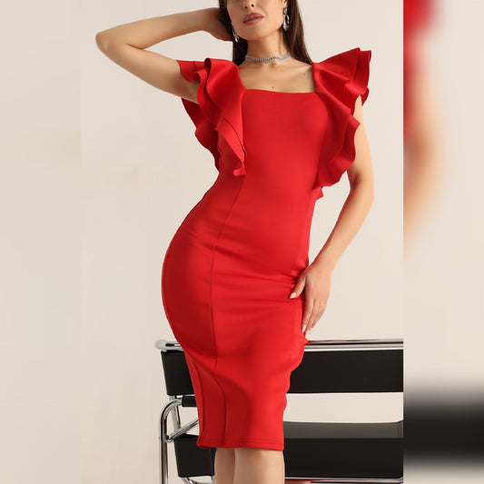 Robe manches volantes - rouge