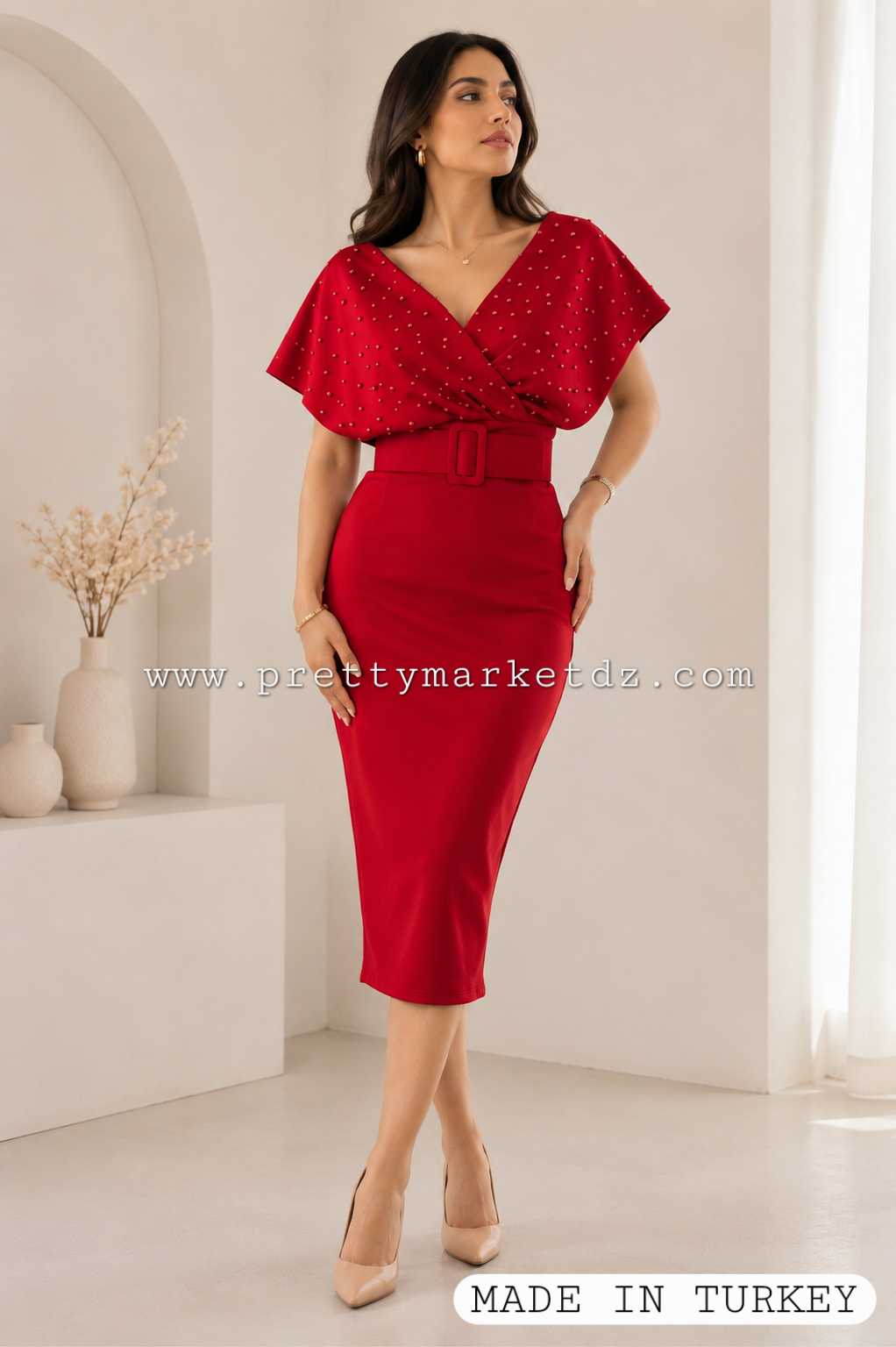 Robe croisée perlée- rouge