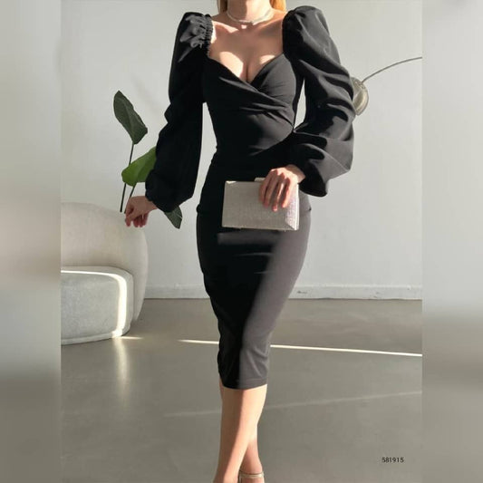 Robe croisée manches bouffantes - noir