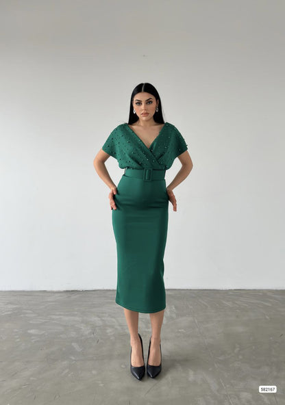 Robe croisée perlée - vert