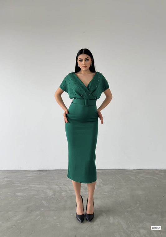 Robe croisée perlée - vert