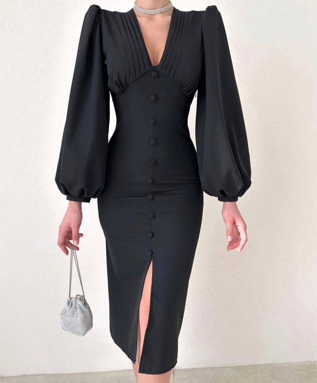 Robe boutonnée manches bouffantes - noir
