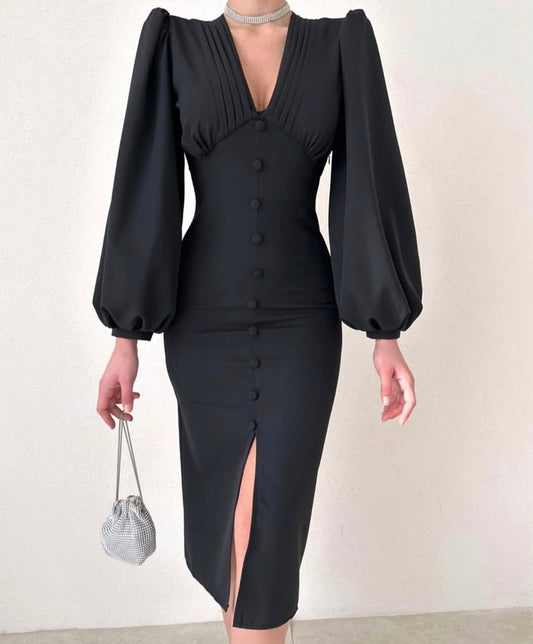Robe boutonnée manches bouffantes - noir