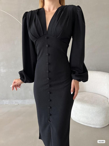 Robe boutonnée manches bouffantes - noir