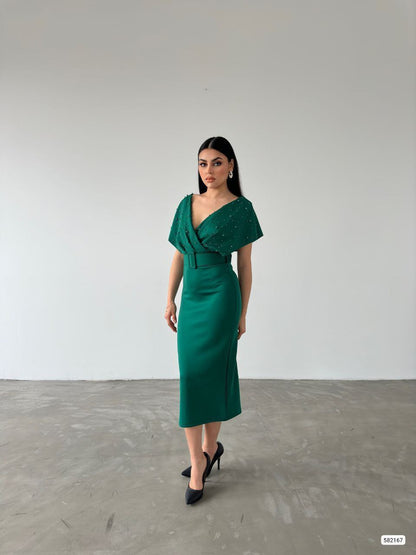 Robe croisée perlée - vert